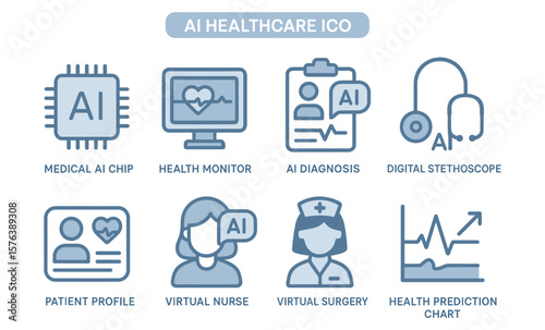 Ai healthcare icons set featuring digital stethoscope, virtual surgery, and health monitor for medical design