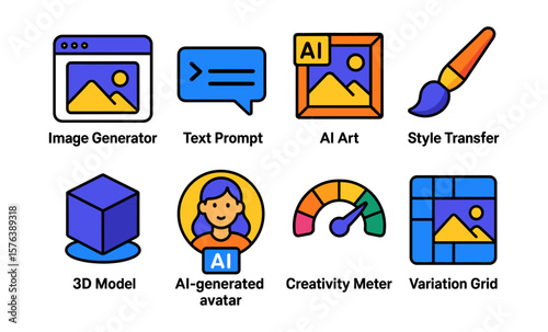 Creative ai icon set featuring image generator and art tools for design projects