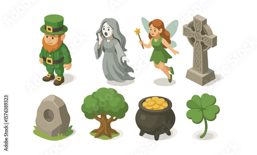 Irish mythology icons featuring leprechaun, banshee, fairy, celtic cross, and shamrock for design projects