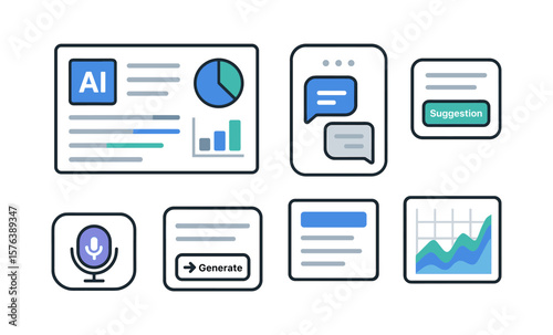 Ai interface icon set with simple design featuring charts, messages, and suggestions for digital applications