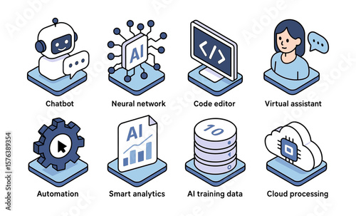 Ai tools icon set featuring chatbot, neural network, and virtual assistant for digital solutions