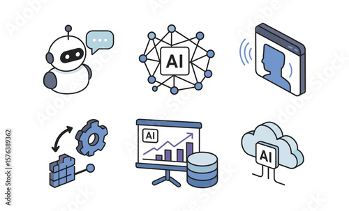 Ai tools icon set featuring chatbot, neural network, code editor, and more for technology designs