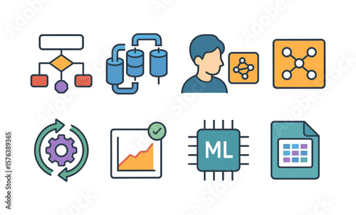 Machine learning icon set featuring algorithms, neural networks, and data visualization tools