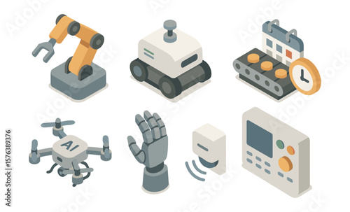 Isometric robotics icons collection for technology and ai design