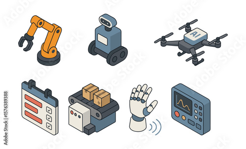 Isometric robotics icons set featuring drone, robotic arm, and ai technology for design projects