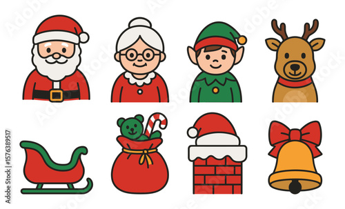Festive christmas icons featuring santa, reindeer, and holiday elements for seasonal design