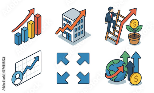 Business growth themes featuring icons of success, expansion, and progress