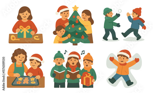 Festive holiday activity icons for christmas celebrations and winter fun