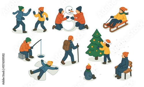 Winter activities icon set featuring fun outdoor scenes for seasonal design