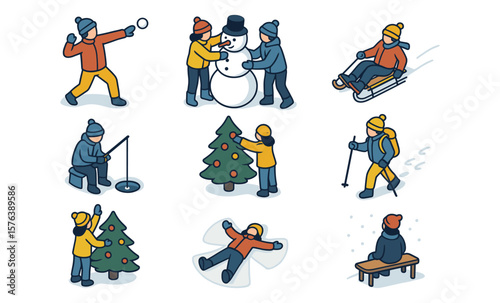 Winter activities icon set for seasonal design projects