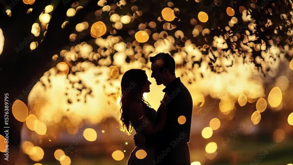 Couple embraces under a tree surrounded by warm light during a romantic moment, Silhouette of couple embracing under tree with warm, bokeh lighting effect