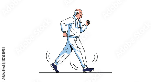 A cheerful elderly man in a white tracksuit enjoys a brisk walk on a sunny day