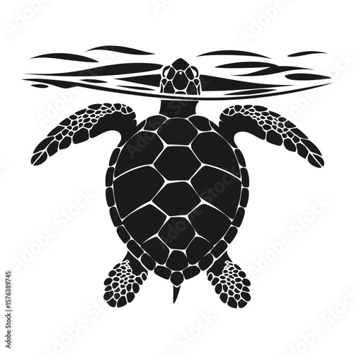 Silhouette vector of sea turtle swimming with flippers spread on calm wave background in black and white