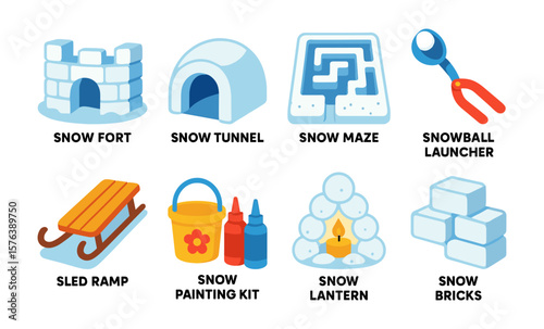 Winter snow fun icons set featuring snow fort, sled ramp, and more for holiday activities