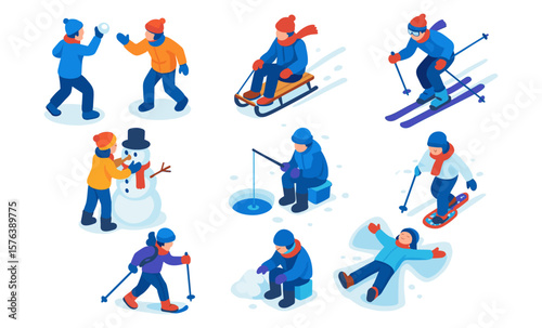 Winter fun activities: snowball fight, sledding, skiing, and building snowmen for holiday enjoyment
