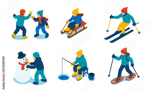Winter fun activities: snowball fights, sledding, skiing, snowman building, ice fishing, snowshoeing