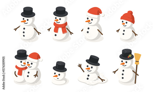 Whimsical festive snowmen characters for holiday celebrations and winter decor