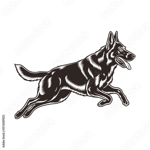 Silhouette vector of running German Shepherd with tongue out in motion pose isolated on white background