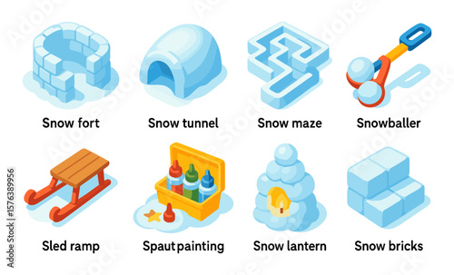 Winter fun icon set featuring igloo, sled, snowballer, and snow maze for seasonal design