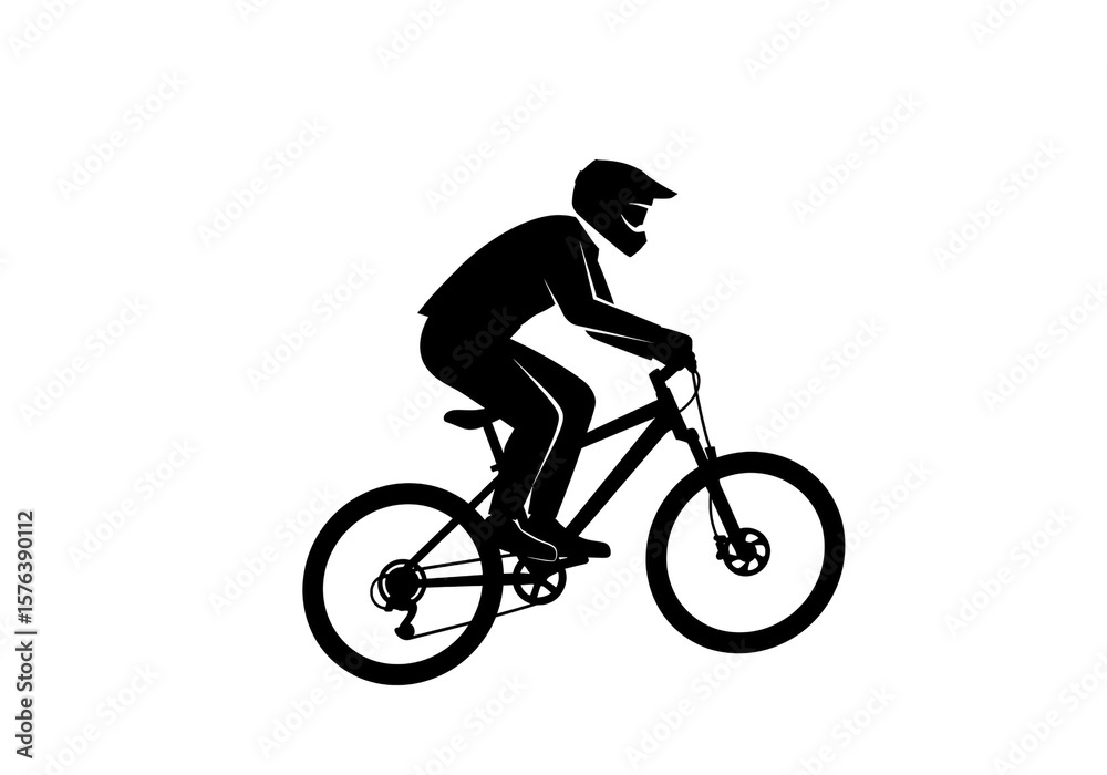 Silhouette of a cyclist with helmet riding a mountain bike on a white background in vector format Silhouette of a cyclist with helmet riding a mountain bike on a white background in vector format
