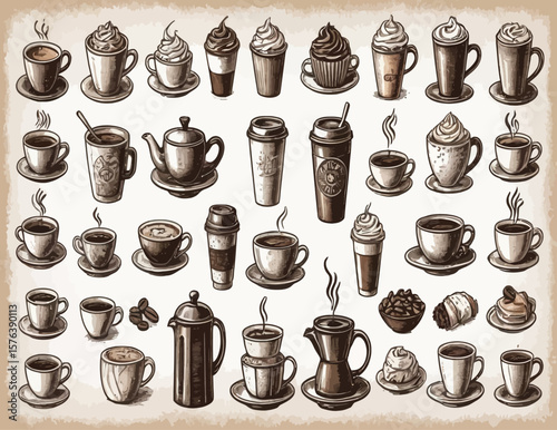 Vintage teaware silhouette pattern featuring teapots, cups, and saucers for nostalgic culinary design, kitchen decor, and hospitality themes