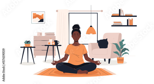 Woman practicing meditation and yoga in her living room a healthy lifestyle and self-care routine