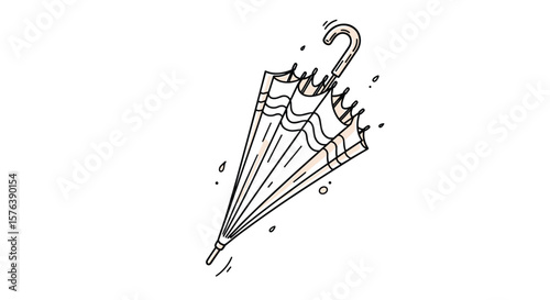 A detailed line drawing illustration of a classic closed umbrella with its canopy partly open and a curved handle on a white background