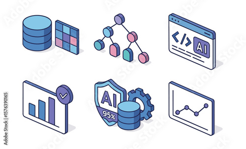 Machine learning icon set featuring training dataset, decision tree, and ai code for data analysis
