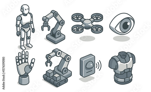 Minimalist ai robotics icons featuring robot, drone, and mechanical arm elements for tech design