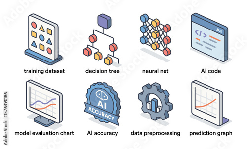 Machine learning icon set featuring neural net, decision tree, ai code, and more for data science projects