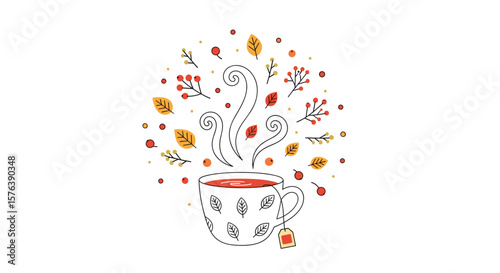 Cozy autumn beverage with falling leaves and berries embellishments