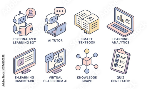 Ai in education icons featuring learning bot, virtual classroom, and smart textbook for digital learning design
