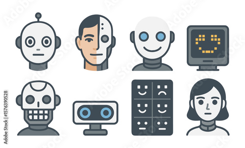 Robotic face icons collection for technology and ai design projects