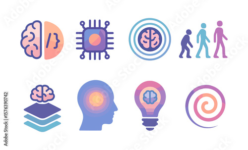 Digital mind evolution icons: concepts of technology and human progress