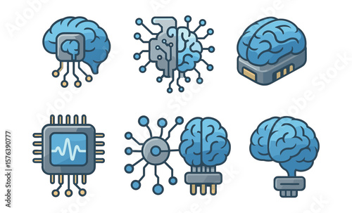Futuristic neural brain chip icons collection for innovative tech design