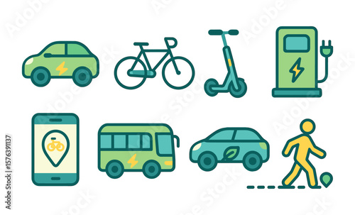Eco-friendly transport icons set for sustainable mobility design