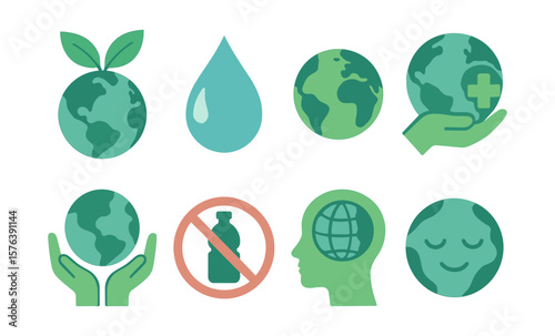 Eco friendly icons featuring sustainability and environmental awareness for design and print use