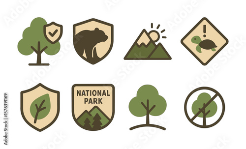 Nature protection icons collection featuring trees, animals, and conservation symbols for design projects