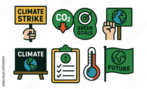 Climate action icons for environmental awareness and activism