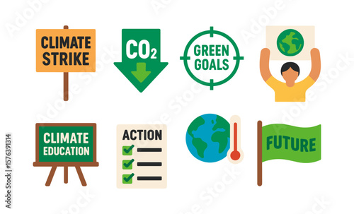 Climate action icons illustrating environmental goals and education for future awareness