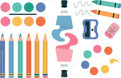 Flat lay illustration of art supplies including pencils paint and crayons on a white background
