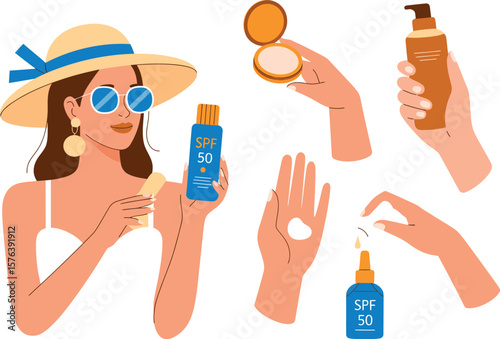 Illustration of a woman with sun hat and sunglasses applying sunscreen and other beauty products