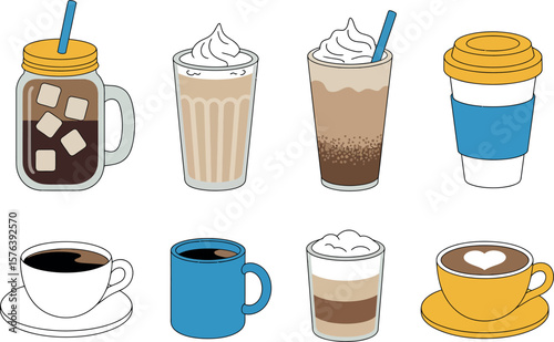 A collection of eight different coffee drinks including iced coffee, lattes, and cappuccinos on white