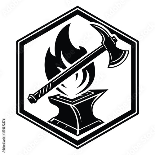 Black axe resting on anvil with flames inside hexagonal frame fire blacksmith