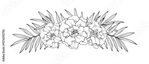 Monochrome three blooming marigolds and tropical palm leaves bouquet Horizontal vector illustration. Blooming flowers black and white composition for tattoo art, wedding stationery, textile print