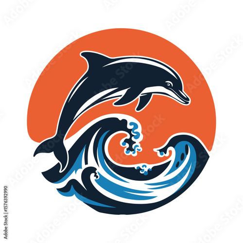 Jumping dolphin silhouette vector with waves isolated on white background for beach vibe