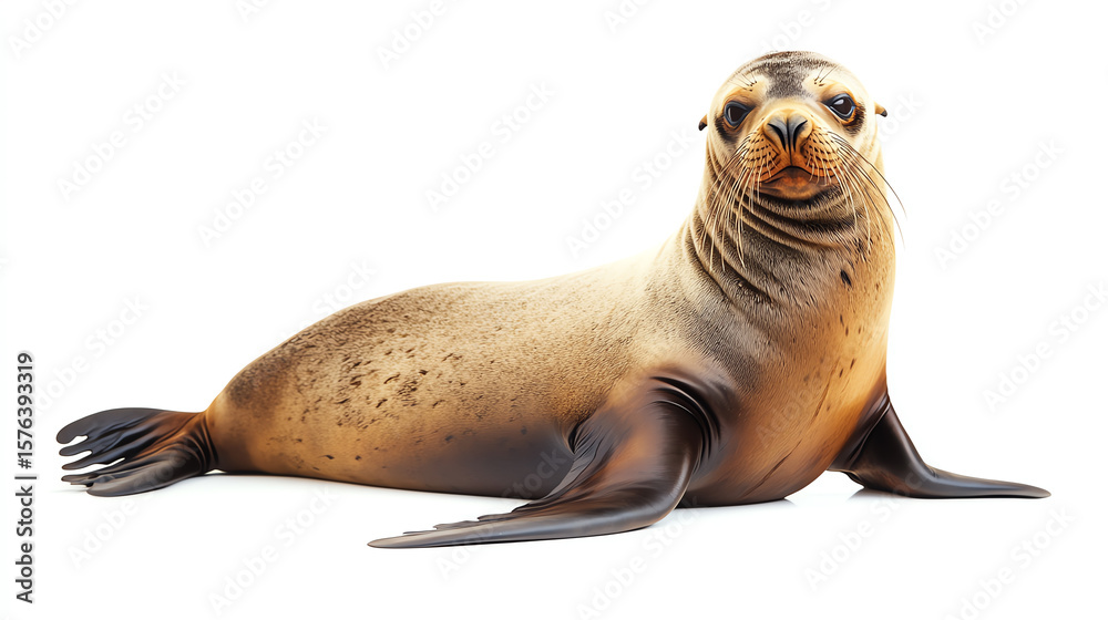 Obraz premium Sea lion resting pose, marine mammal on clean white backdrop