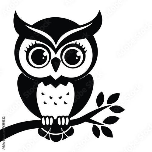 Kawaii-style black and white vector illustration of owl with large eyes sitting on branch with hearts