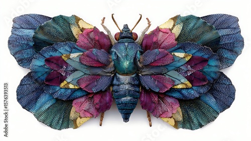 Exquisite art installation of a realistic butterfly crafted entirely from colorful feathers on a white background