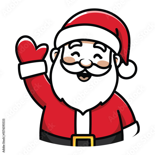 Line art cartoon of Santa Claus waving in red suit with white beard on clear background